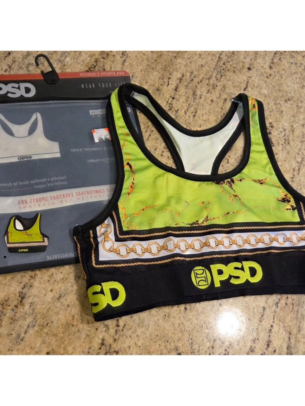 New! PSD Womens Size M “Neon Safety” Sports Bra Chain Marble Print Green Gold